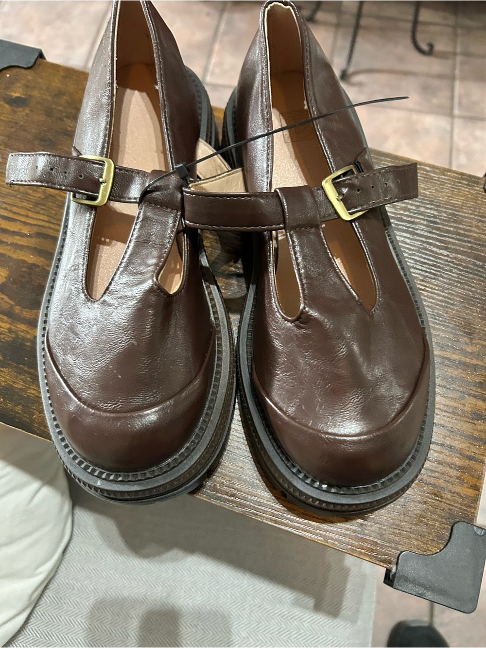 Brown Leather T-Strap Mary Jane Shoes
